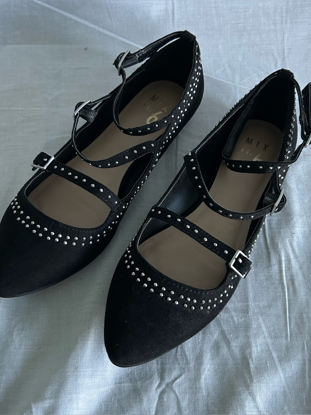 Mix No. 6 Cheraven Black Faux Suede Strappy Studded Pointed Toe Flats Shoes Sz 8